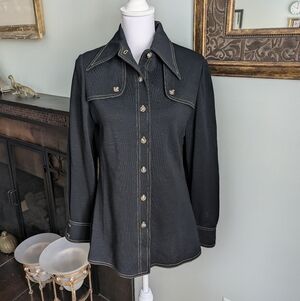 Vintage 70s Women's S/M Pointed Collar Wool Blend Long Sleeve Black Shirt
